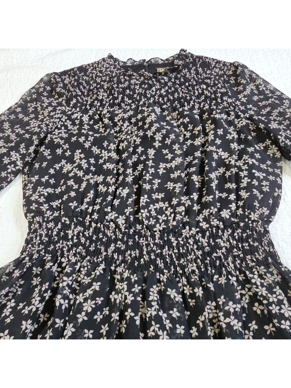 Taylor Women's Printed Smocked-Waist Tiered Chiffon Dress - Black/Latte - Picture 6 of 14